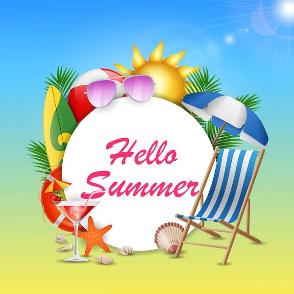 Hello Summer Banner Design Koncepció Szépség Kék Háttérben Vektoros Illusztráció — Stock Vector