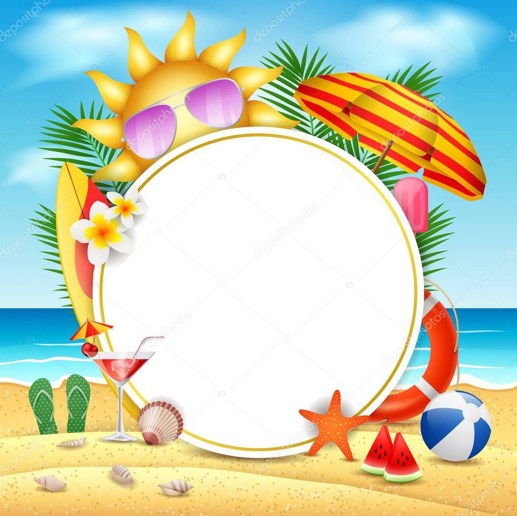 Summer vector banner design concept in beach island with beauty blue sky background. Vector illustration