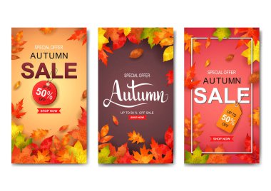 Üç sonbahar afiş seti. Vektör çizimi