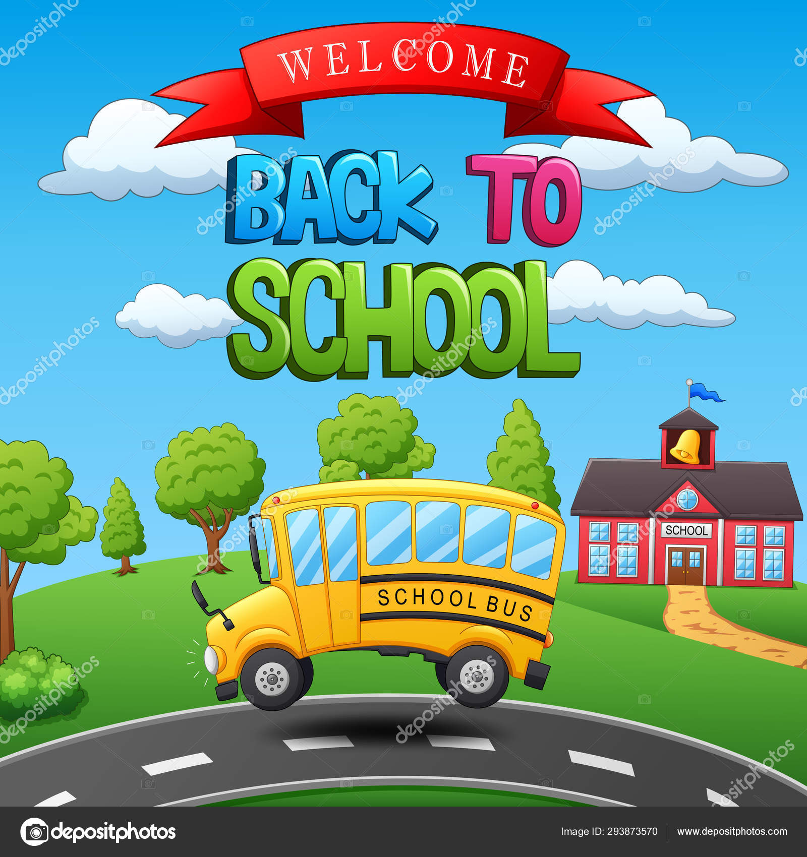 Back School Background School Bus Jumping Vector Illustration Stock