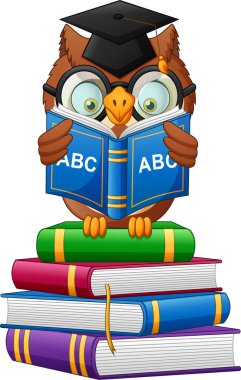 Karikatür baykuş tutan kitap. vektör illüstrasyon