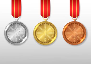 Altın, gümüş ve bronz madalya seti, kırmızı kurdeleli ödül. Vektör illüstrasyonu