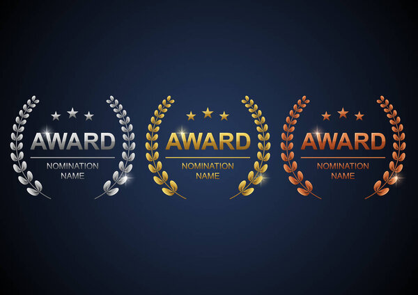 Awards logotype set. Gold, silver and bronze with blue background. Vector illustration