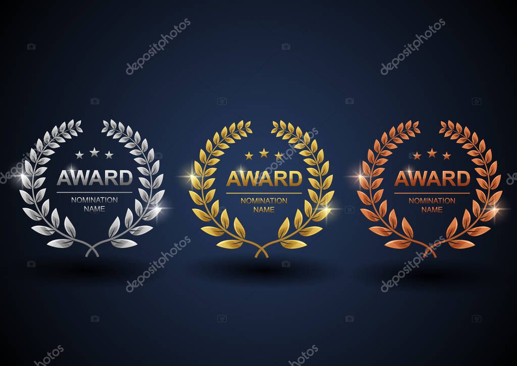 Set of gold, silver and bronze laurel wreath. Winner label, leaf symbol victory with blue background. Vector illustration
