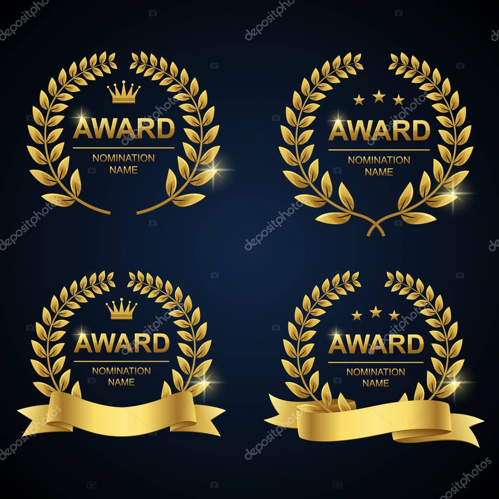 Golden award laurel wreath set. Winner label, leaf symbol victory. Vector illustration