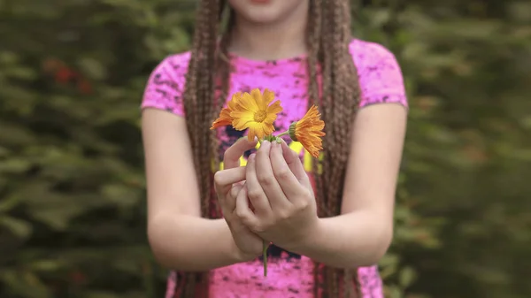 Cute girl holds flowers in outstretched arms.