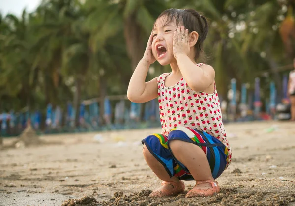 Little Asian Baby Girl Playing Sand Beach — Stock Photo, Image