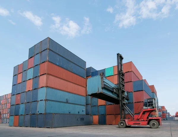 Forklift handling container box loading to truck in shipping yar