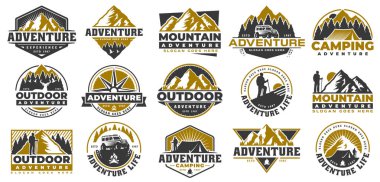 Macera seti ve açık vintage logo şablonu, rozet veya amblem tarzı