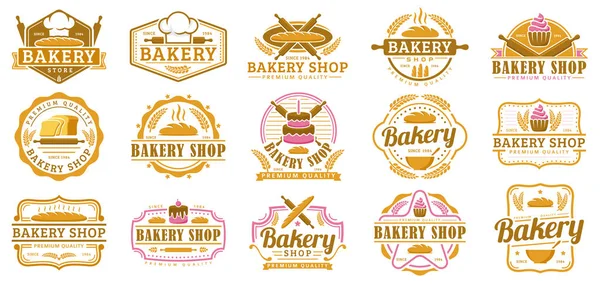 Коллекция шаблона логотипа пекарни, набор эмблемы булочной, упаковка логотипа в стиле ретро — стоковый вектор
