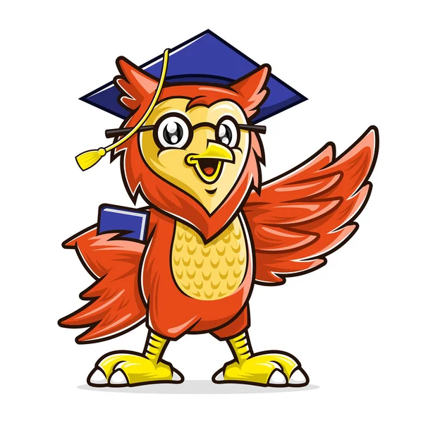 Personaje de la mascota del búho con gafas y el libro de celebración de la gorra de graduación, mascota Educación — Archivo Imágenes Vectoriales