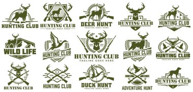 Av logosu, vektör seti av etiketi, rozet veya amblem, ördek ve geyik avı logosu nun toplanması
