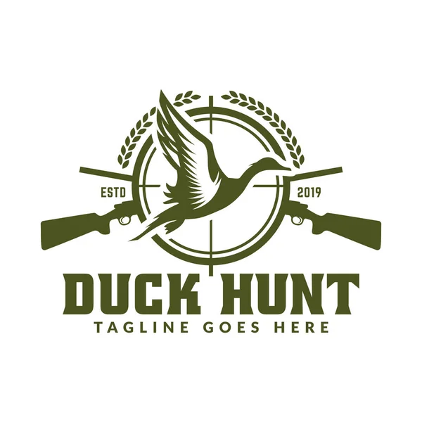 Логотип охоты, охотничий бейдж или эмблема охотничьего клуба или спорта, штамп охоты на уток — стоковый вектор