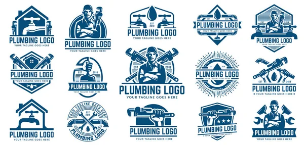 Pack de 15 modèles de logo de plomberie, avec style rétro ou vintage . — Image vectorielle