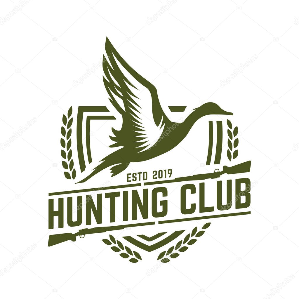 Hunting logo, hunt badge or emblem for hunting club or sport, duck hunting stamp