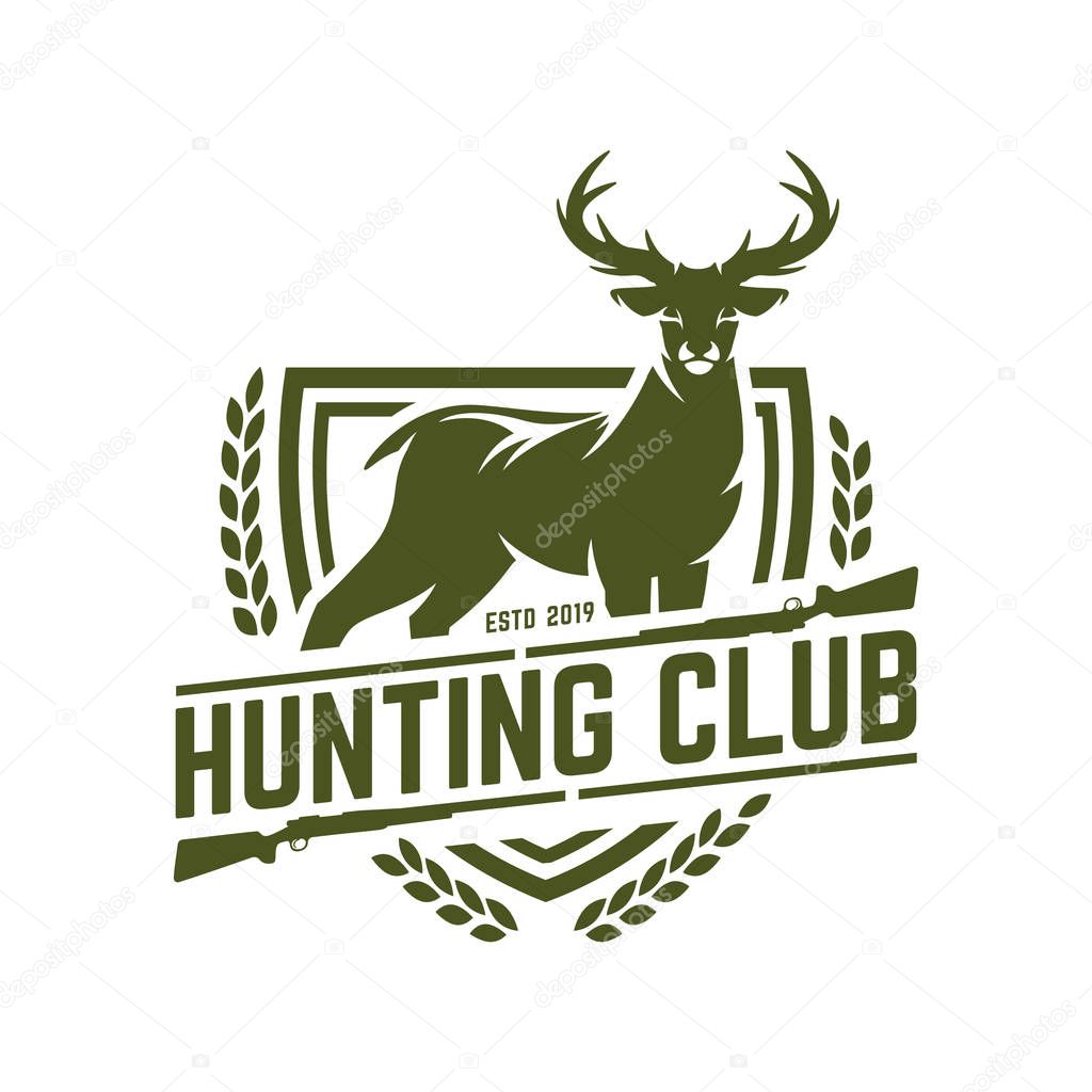 Hunting logo, hunt badge or emblem for hunting club or sport, deer hunting stamp