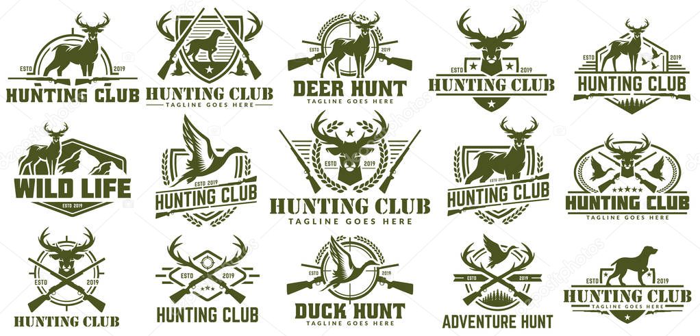 Collection of hunting logo, vector set of hunt label, badge or emblem, duck and deer hunt logo