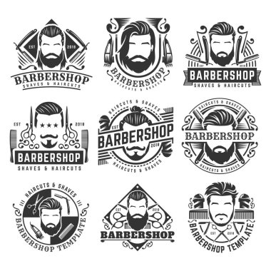 Vintage Barbershop logo şablon koleksiyonu, retro tarzı paketi, sakallı adam ve berber araçları ile 12 set