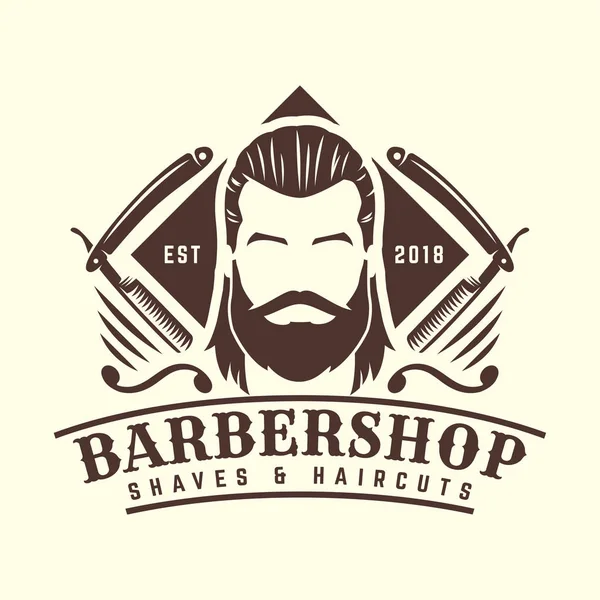 Modelo de logotipo da Barbershop, estilo vintage ou retro, com ferramentas de barbeiro e homem barbudo — Vetor de Stock