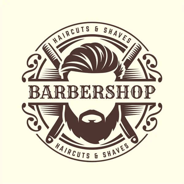 Berber dükkanı logo şablonu, vintage veya retro tarzı, sakallı adam ve berber araçları ile