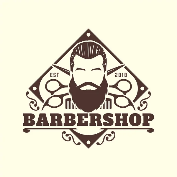 Modelo de logotipo da Barbershop, estilo vintage ou retro, com ferramentas de barbeiro e homem barbudo — Vetor de Stock