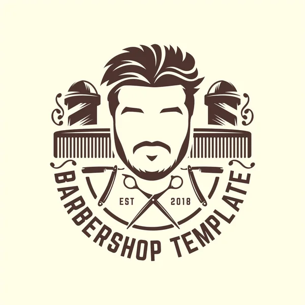 Modelo de logotipo da Barbershop, estilo vintage ou retro, com ferramentas de barbeiro e homem barbudo — Vetor de Stock