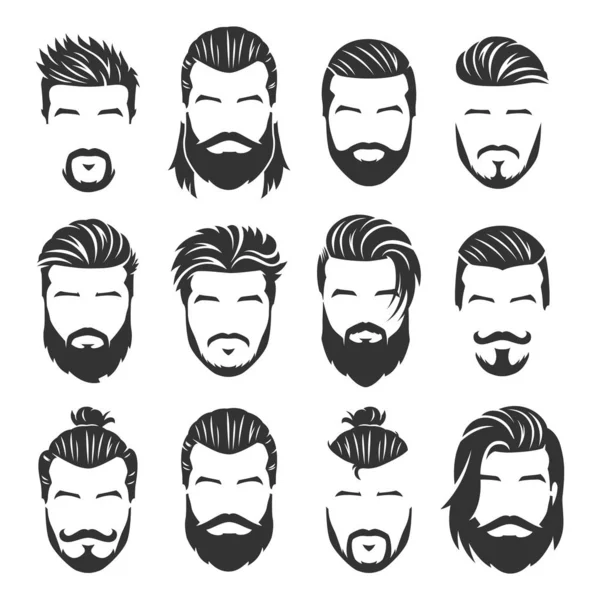 12 Ensemble de visages hommes barbus vectoriels avec différentes coupes de cheveux et pack de style — Image vectorielle