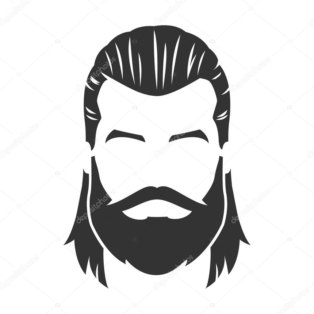 Vector of bearded man face, with mustache, long hair