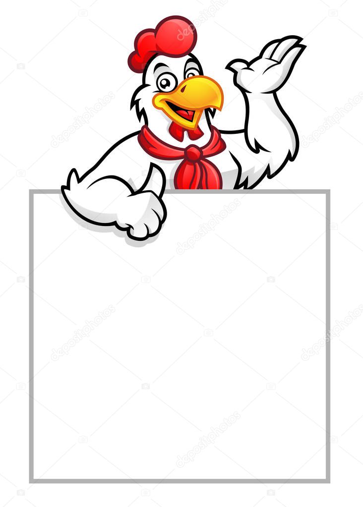Chicken mascot or Rooster with blank sign