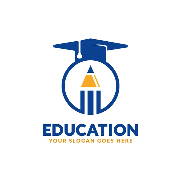 Plantilla de diseño del logotipo de la educación, lápiz y el icono de la tapa de graduación estilizado — Vector de stock
