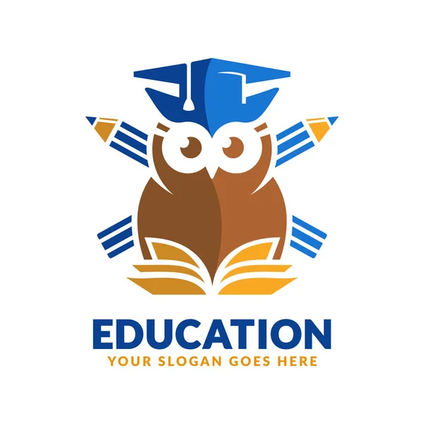 Plantilla de diseño del logotipo de la educación, lápiz, libro y búho icono estilizado — Vector de stock