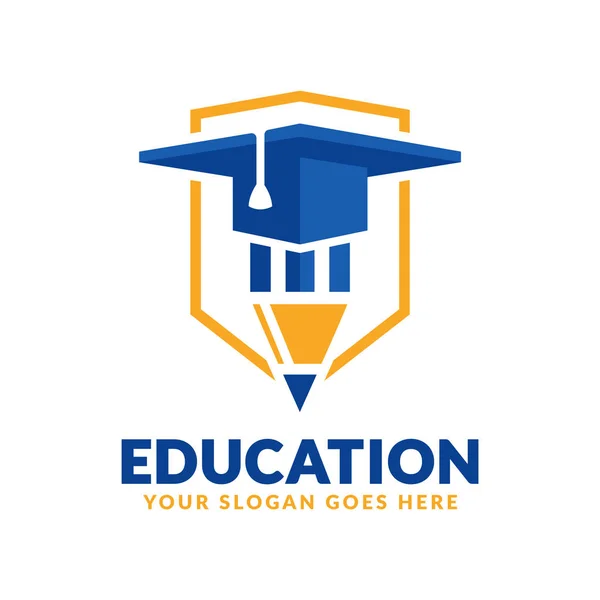 Plantilla de diseño del logotipo de la educación, lápiz y el icono de la tapa de graduación estilizado — Vector de stock
