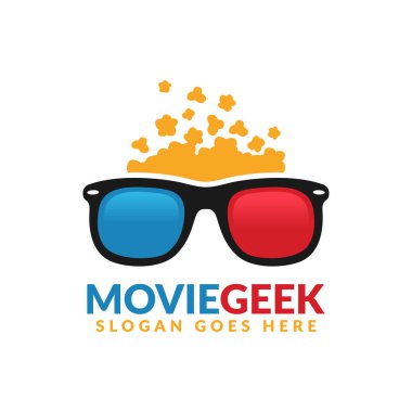 Film geek logo tasarım şablonu, üzerinde patlamış mısır ile 3d gözlük