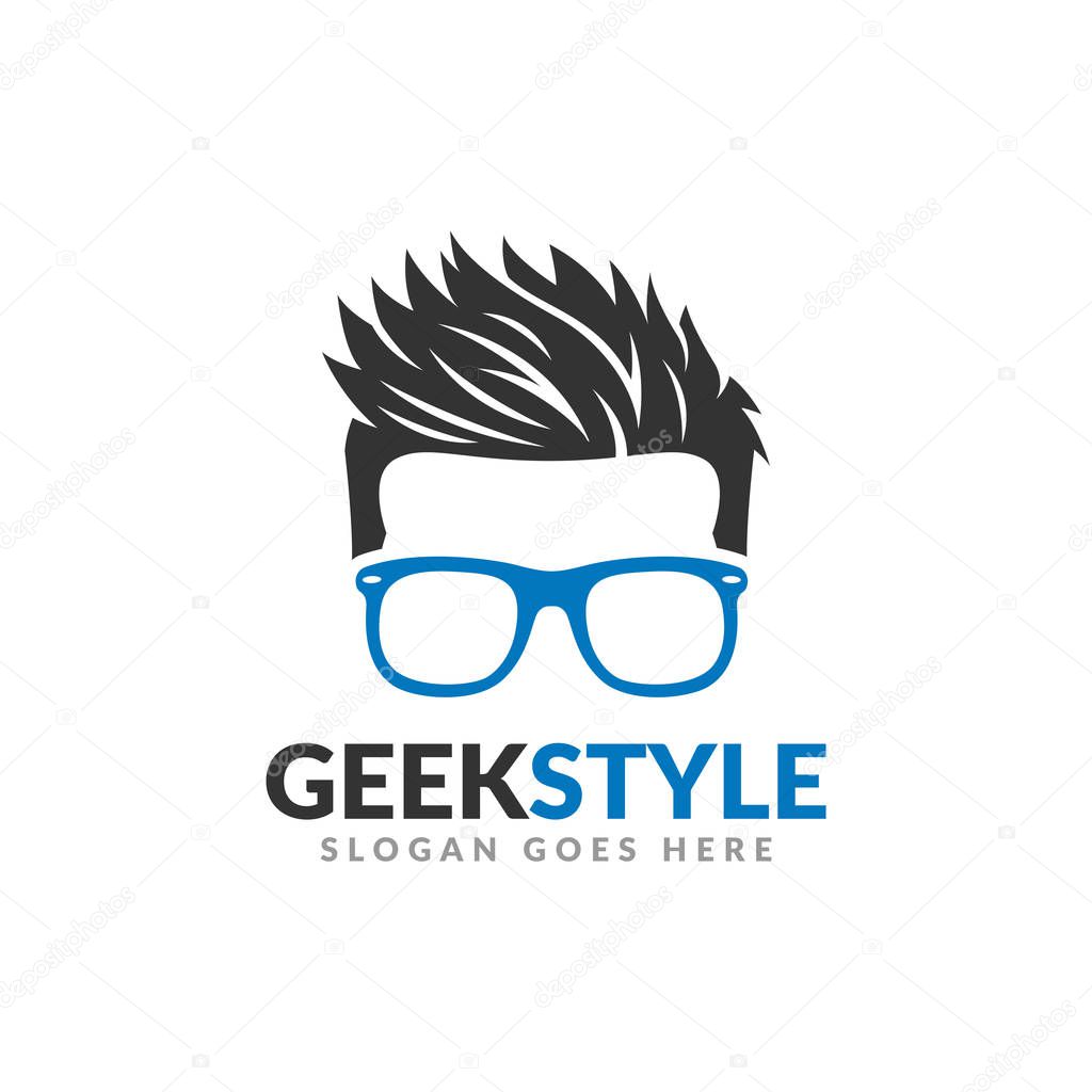 Geek style logo design template, man head with glasses and cool hair