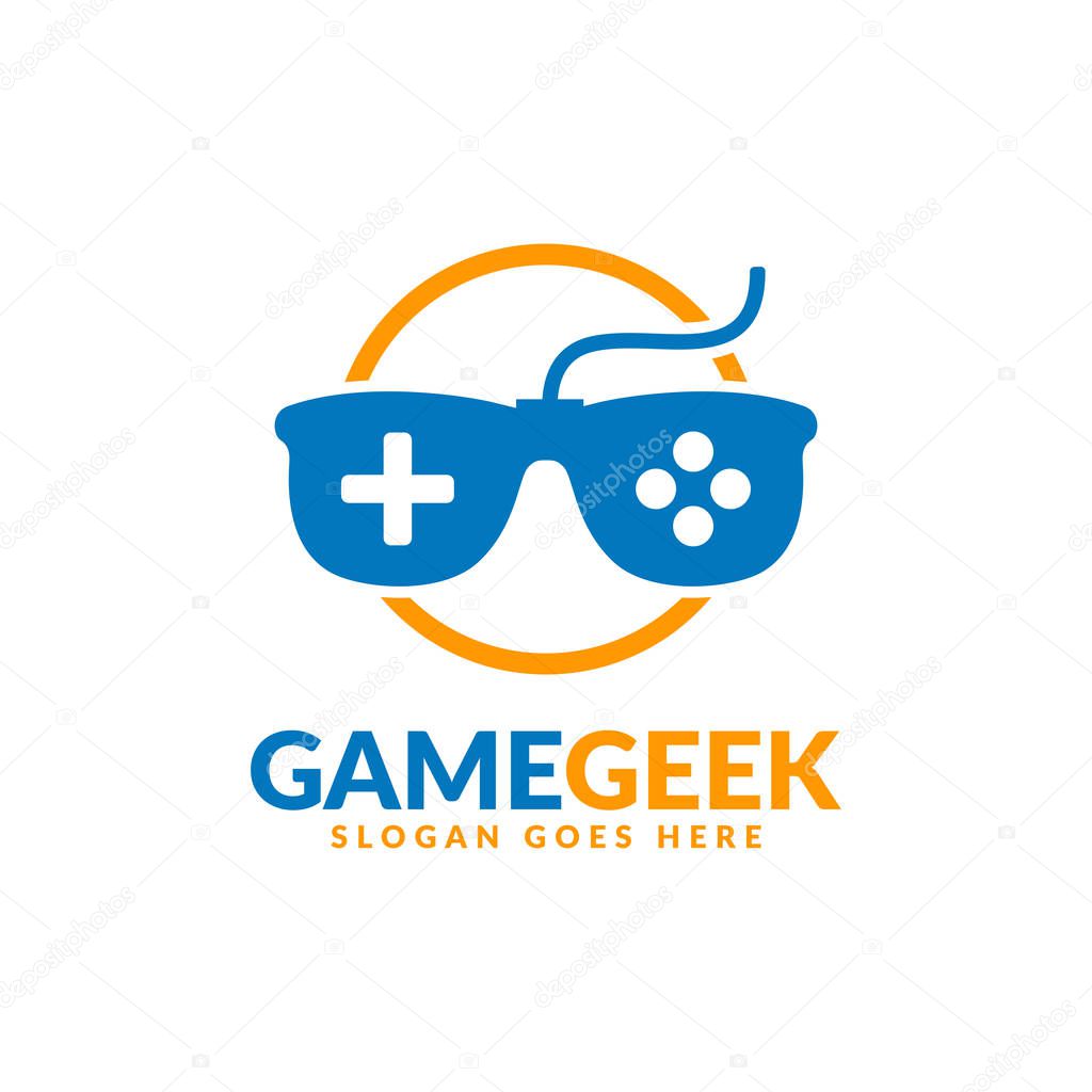 Game geek logo design template, a pair of glasses with game pad button on it