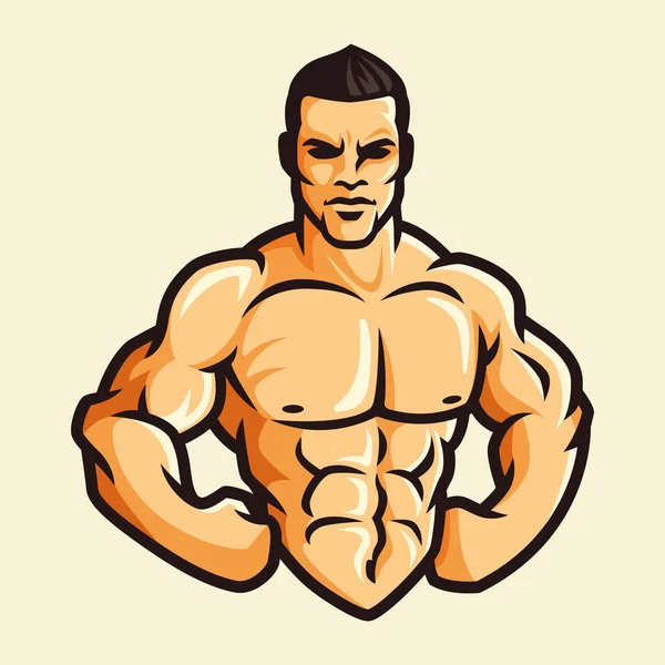 Vector de la flexión del hombre del músculo muestra la confianza del cuerpo, color vintage retro, gimnasio fitness culturista . — Vector de stock