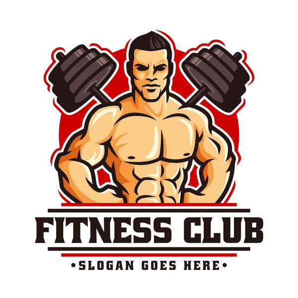 Logo template vektor bodybuilder tornaterem fitness téma, az izom ember karakter és súlyzó — Stock Vector