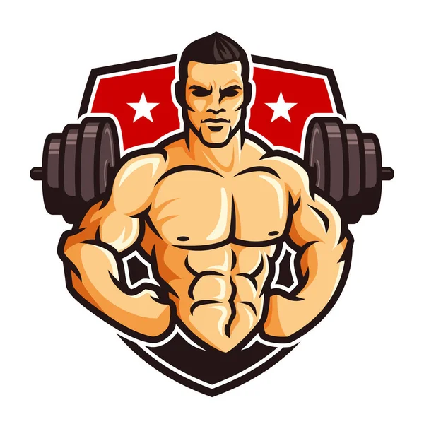 Logo vector plantilla de Bodybuilder gimnasio tema de fitness, con el carácter del hombre muscular y la barra — Vector de stock