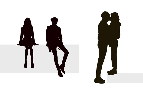 Realistic Vector Silhouettes Young Romantic Couples White Background — Stock Vector