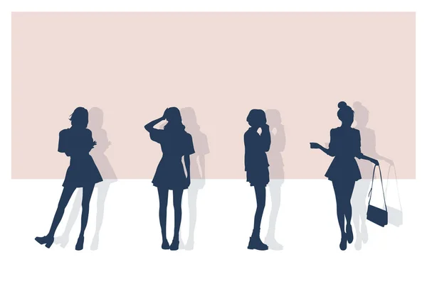 Realistic Vector Silhouettes Young Trendy Women — Stock Vector