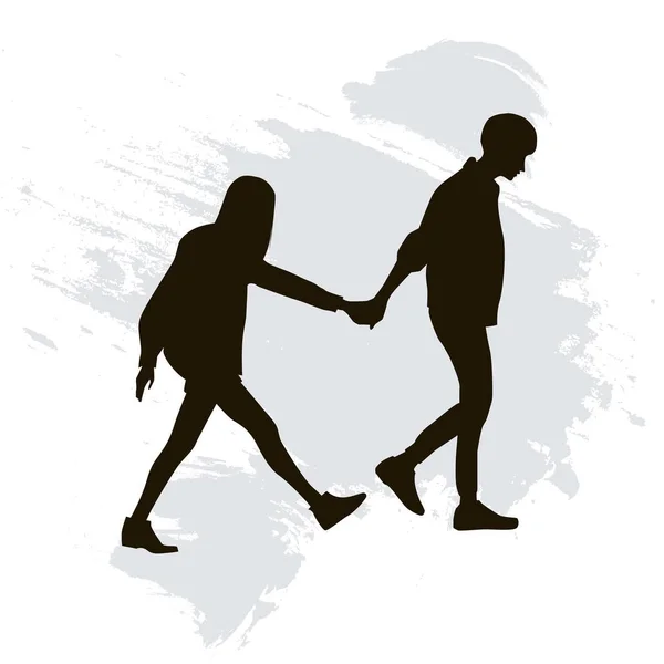 Vector Silhouette Walking Young Couple Holding Hands — Stock Vector