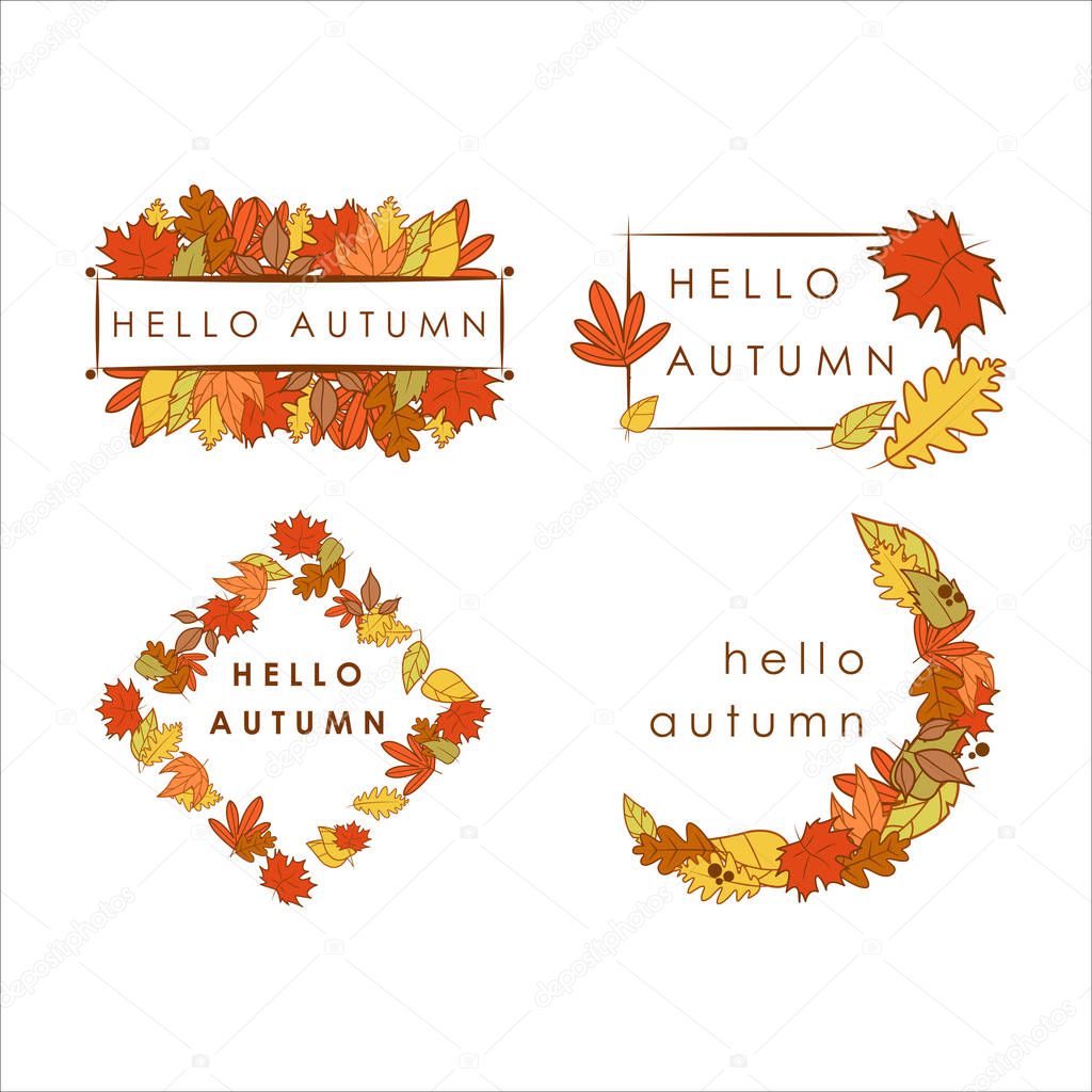 Hello Autumn Greeting Dry Leaves Frame Illustration Graphic Design Template Set