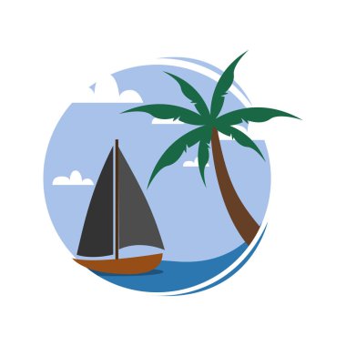 Dairesel Deniz Küçük Tekne Görünümü Seyahat Adası Vektör Çizimi