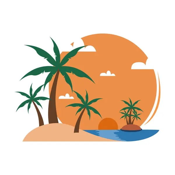 Einfache Strand Palmen Sonnenuntergang Ansicht Reise Insel Vektor Illustration Grafik — Stockvektor