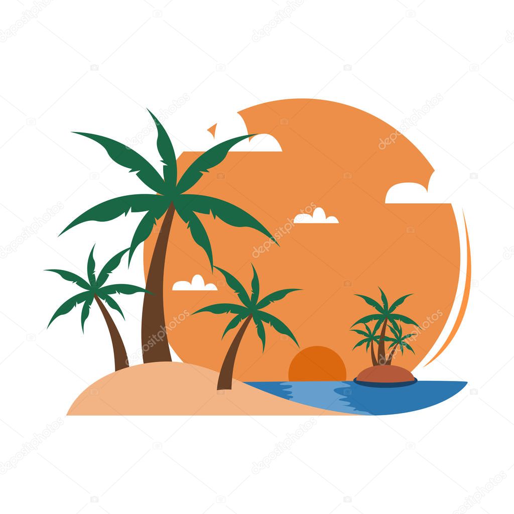 Simple Beach Palm Trees Sunset View Travel Island Vector Illustration Graphic