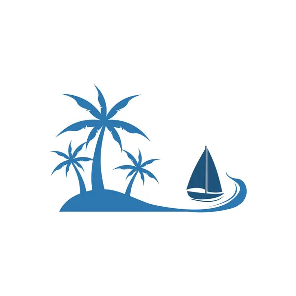 Palm Tree Beach View Boat Vector Illustration Plantilla Diseño Gráfico — Archivo Imágenes Vectoriales