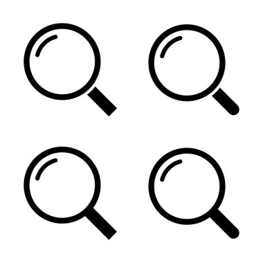 Arama sembol simgeler kümesi. Büyüteç'i. Zum butonu. Beyaz arka plan üzerinde düz vektör grafikler. Vektör Eps formatı.