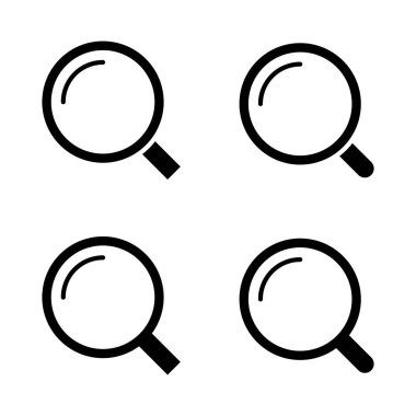 Arama sembol simgeler kümesi. Büyüteç'i. Zum butonu. Beyaz arka plan üzerinde düz vektör grafikler. Vektör Eps formatı.