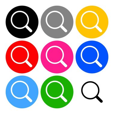 Arama sembol simgeler kümesi. Büyüteç'i. Zum butonu. Beyaz arka plan üzerinde düz vektör grafikler. Vektör Eps formatı.