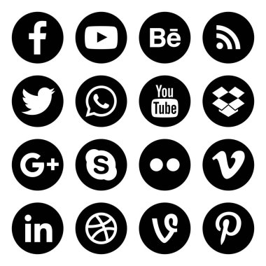 Yuvarlak Sosyal Medya Icons set. İzole siyah beyaz düğmeleri koleksiyonu.